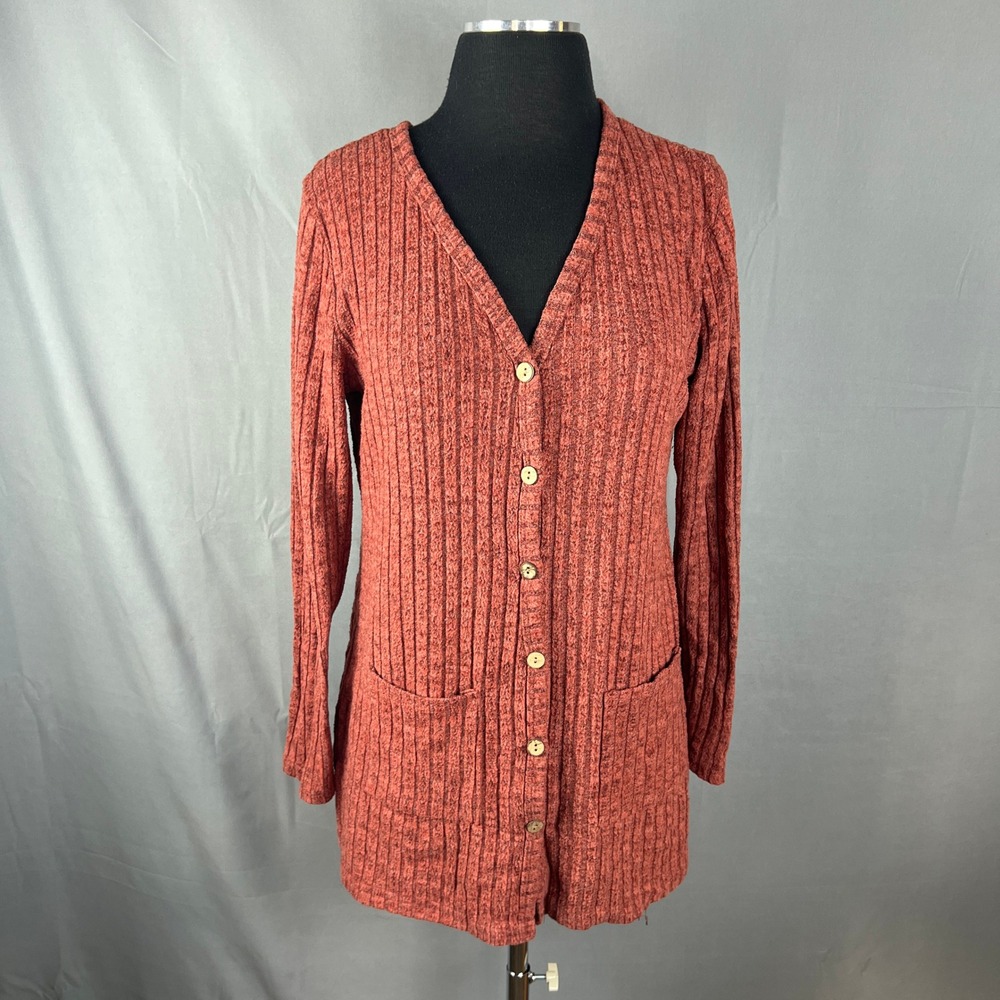 Double Take Cardigan Sweater Womens S Brick Red Ribbed Texture Dual Patch Pocket